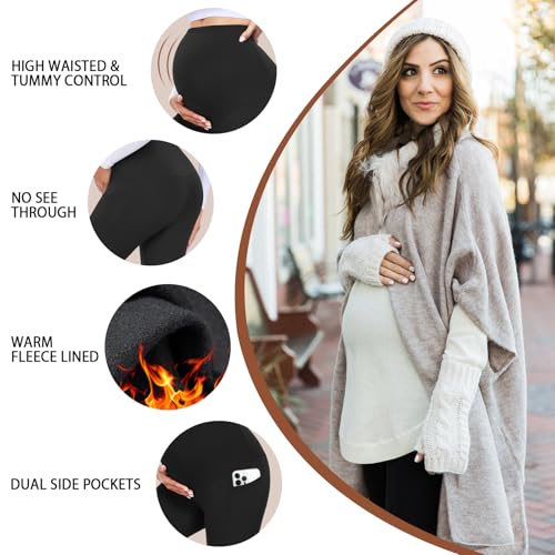 4 Pack Women’s Maternity Leggings with Pockets Over The Belly Butt Lift - Soft Workout Pregnancy Yoga Pants - color: 05-4 Solid Black Fleece, size: Medium