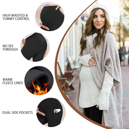 4 Pack Women’s Maternity Leggings with Pockets Over The Belly Butt Lift - Soft Workout Pregnancy Yoga Pants - color: 05-4 Solid Black Fleece, size: Medium