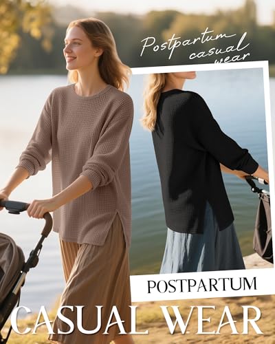 3 Pack Women's Maternity Waffle Knit Shirts - color: Coffee, White, Black, size: X-Large