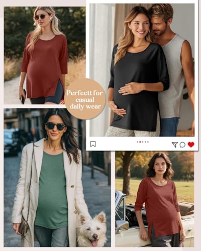 3 Pack Women's 3/4 Sleeve Maternity Loose Crewneck Tops - color: Brick Red, Emerald Green, Black, size: Medium