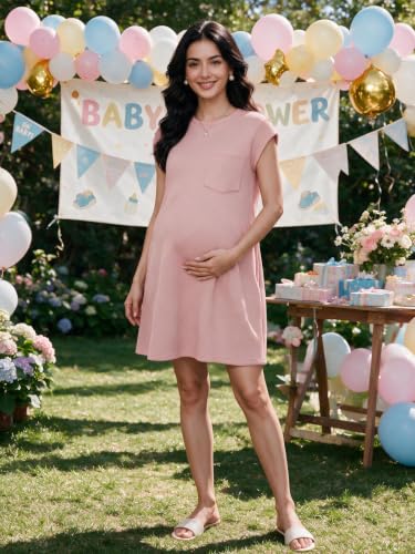OUGES Women's Summer Casual Cap Sleeve Mini Maternity Dress with Pockets - color: Deep Pink, size: Large