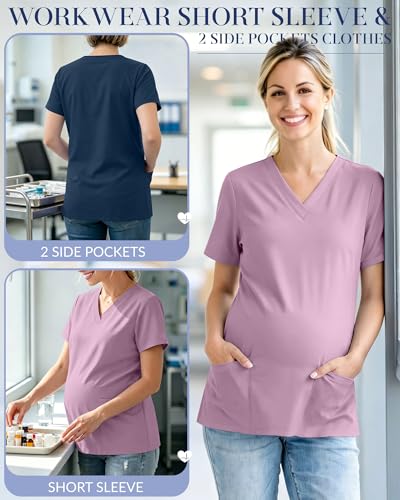 Neer 2 Pack Maternity Scrub Top for Women - color: Light Pink, Dark Blue, size: Large