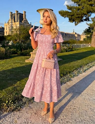 ZESICA Womens 2026 Summer Boho Wedding Guest Midi Dresses - color: Pink, size: X-Small