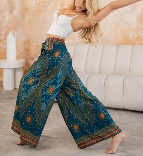 B BANGKOK PANTS Women's Boho Palazzo Pants - color: Green Peacockeye, size: One Size