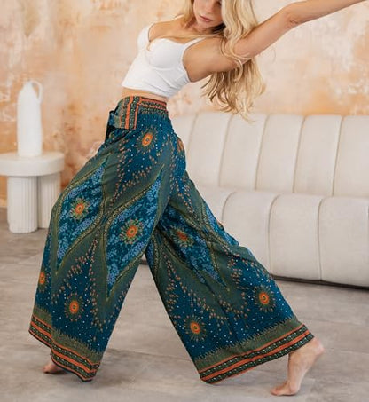 B BANGKOK PANTS Women's Boho Palazzo Pants - color: Green Peacockeye, size: One Size