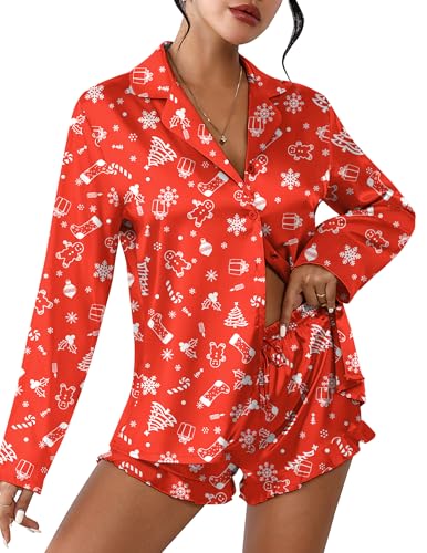 Ekouaer Womens Satin Pajama Sets Cute Button Down Silk Pjs with Ruffle - color: Christmas Red, size: Medium
