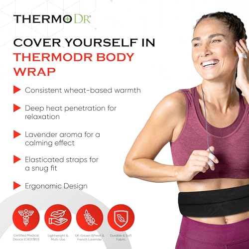 Microwavable Heating Pad for Neck, Back, & Shoulders - Heating Bean Bag Microwavable Pillow w/Elasticated Strap - Wheat & Unscented Heating Pad Wrap - ThermoDR, Black - size: Unscented, style: Black