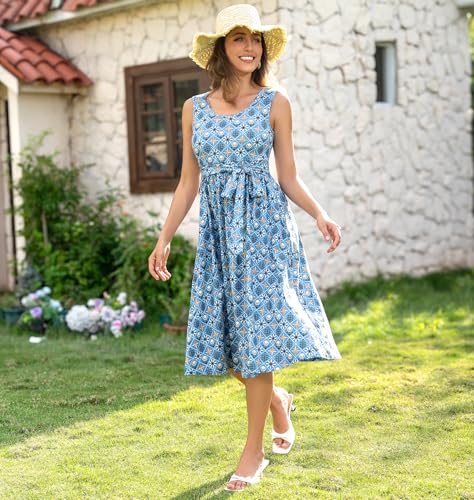 Women's Nursing Dresses Breastfeeding Comfortable Cotton Midi Breastfeeding Dress with Pockets - color: Dusty Blue Geometric Bloom, size: Medium