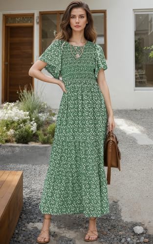 CzzzyL Womens Nursing Dress Summer Floral Print Smocked Maxi with Pockets - color: Green, size: Medium