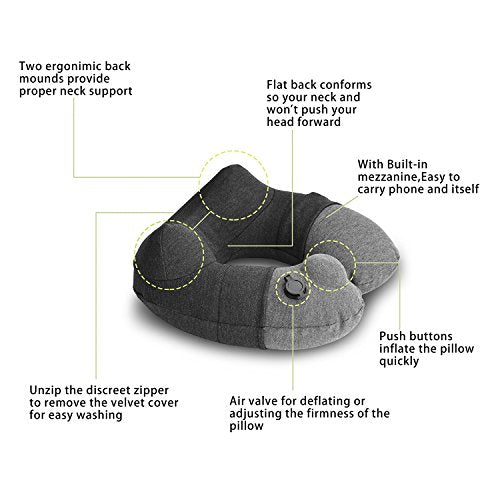 Keemall Inflatable Travel Neck Pillow for Airplane, Car & Long Flight Sleep - color: Light Grey, size: Medium