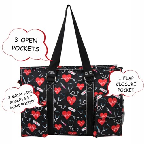 NGIL Work Tote Bag with Exterior Pockets - color: Ngil Zip-cure With Love-black