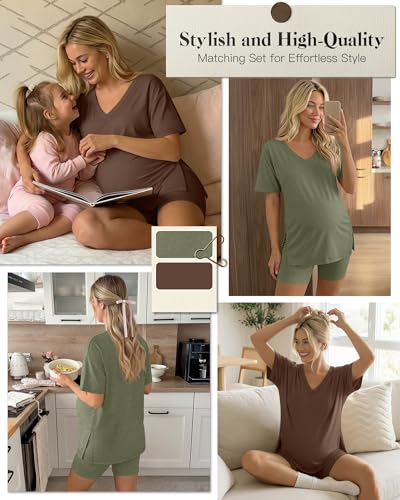 2 Pack Women Maternity Set Pregnancy Outfit - color: Gray Green, Coffee, size: Small