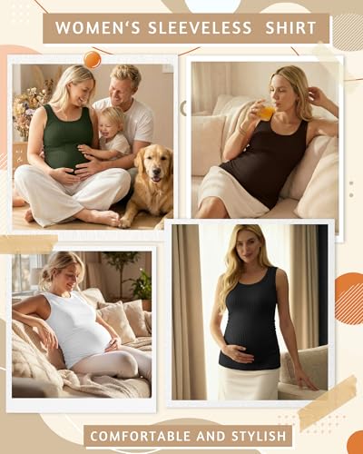 Ficerd 4 Pack Women's Maternity Tank Cotton Tops - color: Black, White, Coffee, Army Green, size: Small