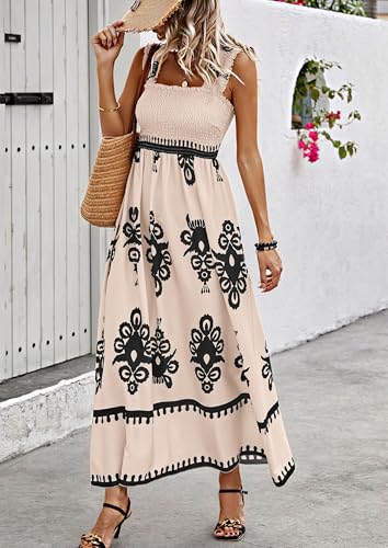 PRETTYGARDEN Women's Sleveless Boho Maxi Dress - color: Floral Apricot Black, size: Medium
