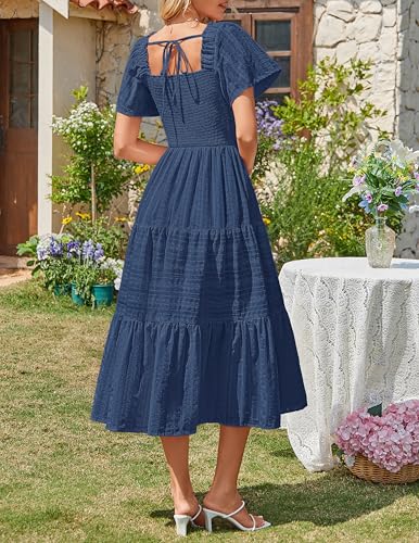 MEROKEETY Womens Summer Midi Dress Short Sleeve Square Neck Boho Long Dress - color: Navy, size: Small
