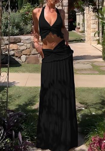 Famnbro Womens 2 Piece Skirt Sets Y2k Halter Top Flowy Ruffle Maxi Skirts - color: Black, size: Medium