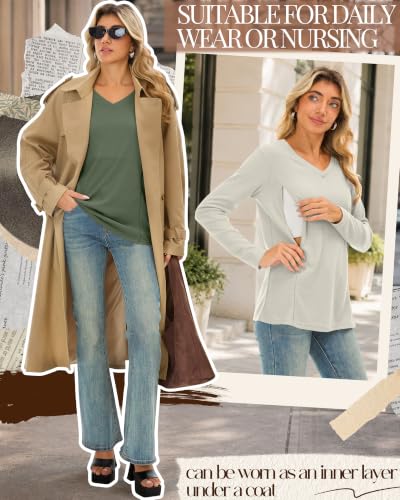 Huukeay 3 Pack Women's Long Sleeve Nursing Breastfeeding Shirts - color: Ginger Yellow, Light Green, Cream, size: Medium