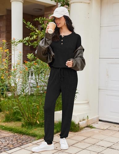 Ekouaer Womens Pajama Sets Long Sleeve Henley Neck Pj Sets Loungewear 2pcs - color: Black, size: Large