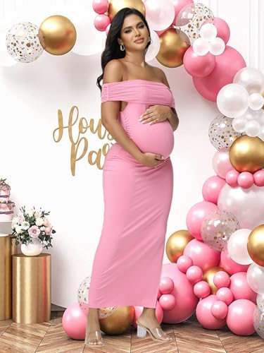 Women's Maternity Mesh Off Shoulder Party Long Dress Baby Shower - color: Pink, size: X-Large
