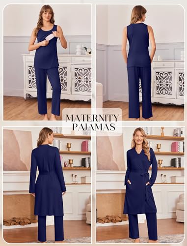 Maternity Sets Labor and Delivery Gown Postpartum Essentials Nursing Pajama - color: Navy Blue, size: XX-Large