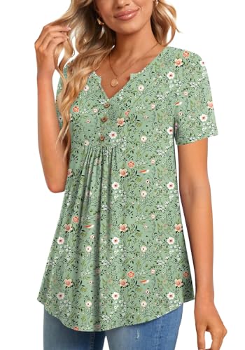 CATHY Womens Short Sleeve Tunic Tops Henley Shirt V Neck Button Up Blouse Casual Pleated Basic Pullover - color: Flower Sparrow+green, size: Large