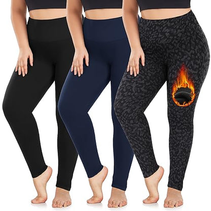 we fleece 3 Pack Plus Size Fleece Lined Leggings for Women - color: Black/Navy/Leopard Print, size: X-Large