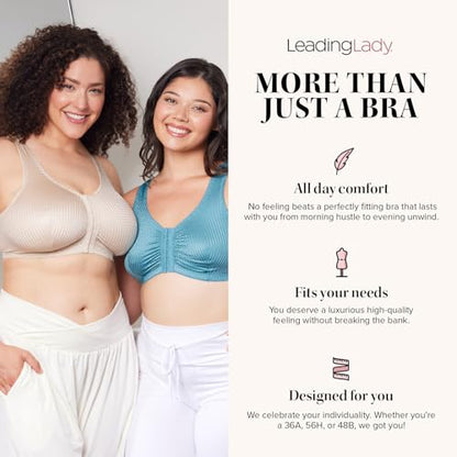 Leading Lady, Marlene, Front-Closure Bra for Women, Wireless, Full Coverage, Wide Straps, Breathable, Unlined, Silky, 36B-52G - color: Beige, size: 42B/D