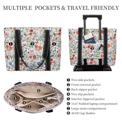 Tote Bag for Women with LaptopCompartment & Cup Holder - color: Bow Meadow