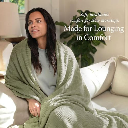 Threadmill Luxury 100% Cotton Queen Herringbone Blanket, Moss Green - color: Moss Green, size: Queen (90" x 92")