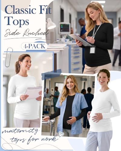 Locoowai 4 Pack Long Sleeve Maternity Underscrub Tops for Nurses - color: Black, White, size: Small