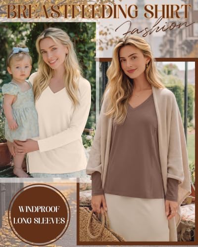 Riyiper 3 Pack Women's Nursing Shirts for Breastfeeding - color: Cream, Light Khaki, Light Brown, size: Small