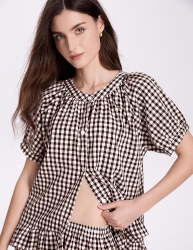 COZYPOIN 100% Cotton Pajamas for Women Set Cute Gingham Lounge Set - color: Coffee, size: X-Small