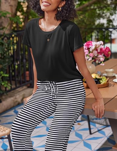Ekouaer 2 Pack Womens Pajama Set Short Sleeve Top and Printed Pants Soft Pj - color: Black Striped/Black Leopard, size: Small