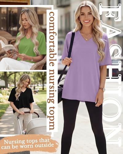 4 Pack Women's Nursing Short Sleeve Shirts - color: Light Purple, Light Green, Light Gray, Black, size: Medium