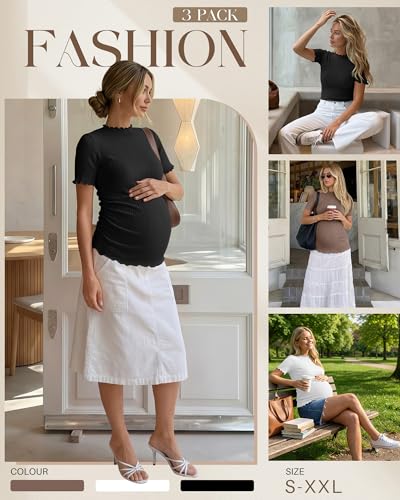 3 Pack Women's Ribbed Maternity Tops - color: Coffee, White, Black, size: Medium