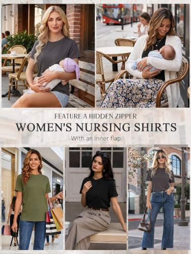 Ecavus 3 Pack Nursing Shirts for Breastfeeding, Hidden Zippers Nursing Tops - color: Black/Charcoal/Heather Green, size: Medium