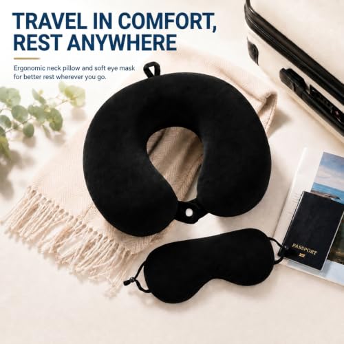 RAINFLOW Travel Neck Pillow Set - Black Memory Foam Cushion with Eye Mask - color: Black