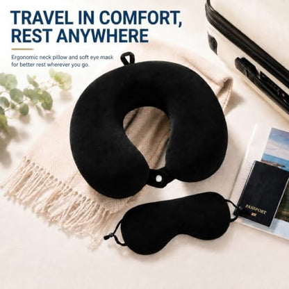 RAINFLOW Travel Neck Pillow Set - Black Memory Foam Cushion with Eye Mask - color: Black