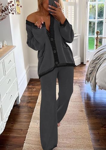 PRETTYGARDEN Women's Fall 2 Piece Knit Sweater Lounge Set - color: Dark Grey, size: X-Large