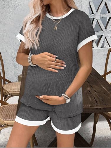 Ekouaer Maternity Pajamas 2 Piece Outfits Waffle Knit Pregnancy Sleepwear - color: Dark Grey, size: Medium