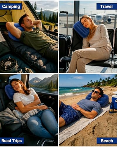 Inflatable Camping Pillow – Ultralight Compact Travel Pillow, Picnic-Blue - color: Blue