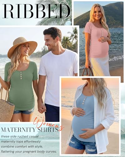 4 Pack Womens Short Sleeve Maternity Shirts - color: Light Yellow, Light Blue, Gray Green, Light Pink, size: Large