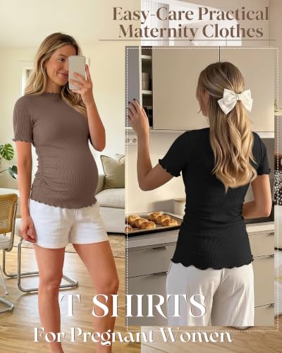 3 Pack Women's Ribbed Maternity Tops - color: Coffee, White, Black, size: X-Large