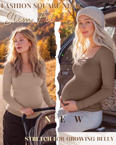 4 Pcs Womens Maternity Long Sleeve Square Neck Shirts - color: Khaki, Coffee, White, Black, size: Small