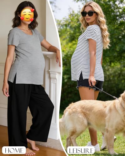 Women's Maternity Shirts Short Sleeve Split Hem Pregnancy Tops Clothes - color: Light Grey, size: Large