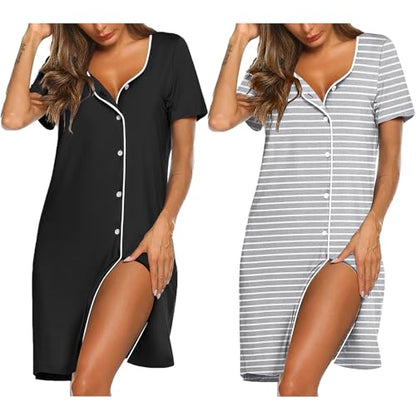 Ekouaer Nightgowns for Women 2 Pack Night Gowns Button Down Sleep Shirts - color: Black/Grey Stripe, size: XX-Large