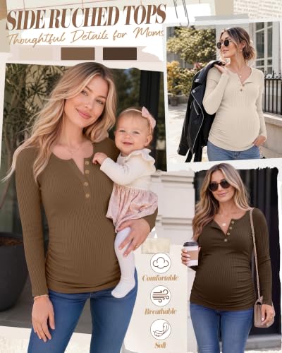 Huukeay 3 Pack Womens Maternity Long Sleeve Shirts - color: Apricot, Light Coffee, Coffee, size: Medium