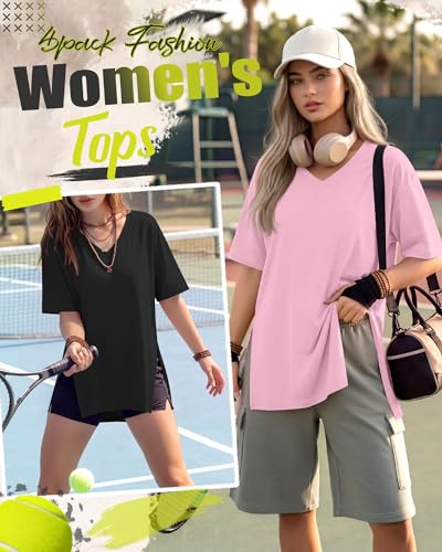 4 Pack Women's Oversized V Neck Shirts - color: Black, Green, Light Pink, Dark Blue, size: Small