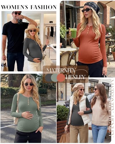 Oakgarden 3 Pack Womens Maternity Sweaters Henley Pregnancy Tops - color: Dark Gray, Bean Green, Caramel, size: Small