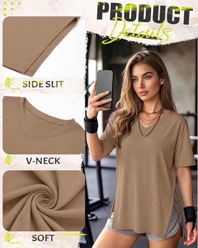 4 Pack Women's Oversized V Neck Shirts - color: Black, Light Heather Gray, Army Green, Coffee, size: Small